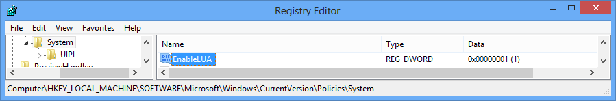 HKEY_LOCAL_MACHINE\SOFTWARE\Microsoft\Windows\CurrentVersion\Policies\System EnableLUA 1